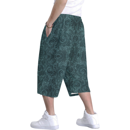 Denim with vintage floral pattern, dark green teal Men's All Over Print Baggy Shorts (Model L37)