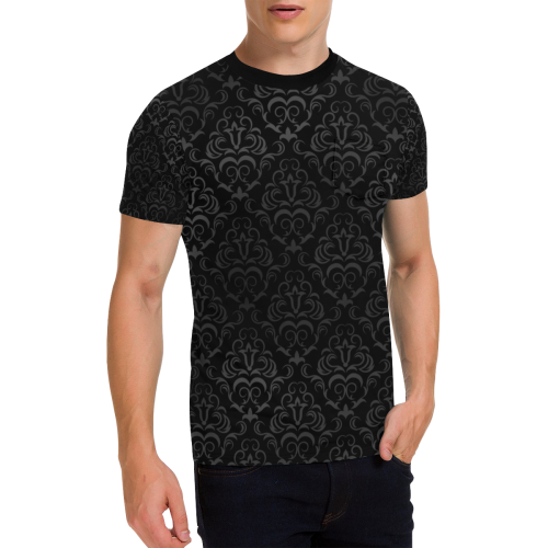 Elegant vintage floral damasks in  gray and black Men's All Over Print T-Shirt with Chest Pocket (Model T56)