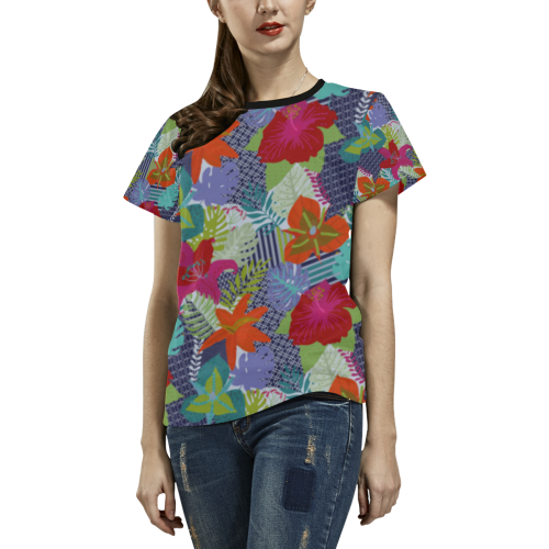 Geometric Shapes Tropical Flowers Pattern 2 All Over Print T-shirt for Women/Large Size (USA Size) (Model T40)