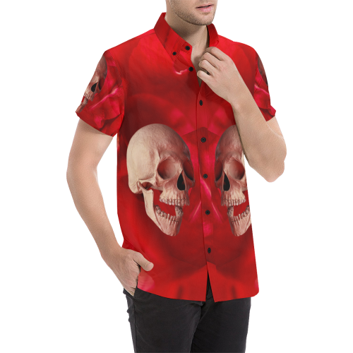 Funny Skul and Red Rose Men's All Over Print Short Sleeve Shirt/Large Size (Model T53)