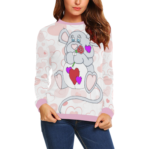 Pink Hearts Valentine Mouse Pink All Over Print Crewneck Sweatshirt for Women (Model H18)