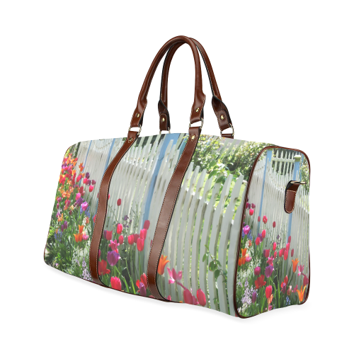 Tulips Garden Along White Picket Fence Floral Photography waterproof travel bag Waterproof Travel Bag/Small (Model 1639)