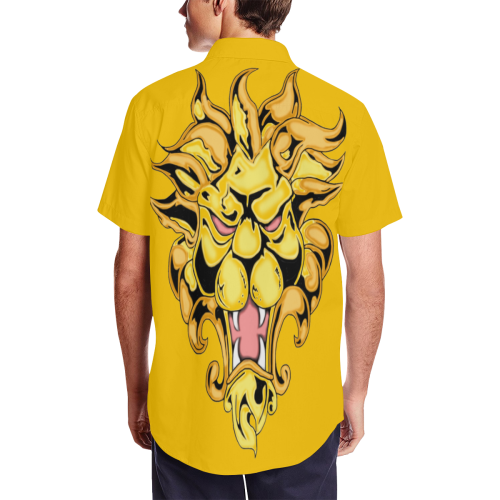 Gold Metallic Lion Yellow Men's Short Sleeve Shirt with Lapel Collar (Model T54)