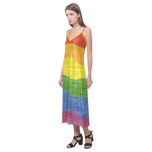 Gay Pride - Rainbow Flag Waves Stripes 3 V-Neck Open Fork Long Dress(Model D18)