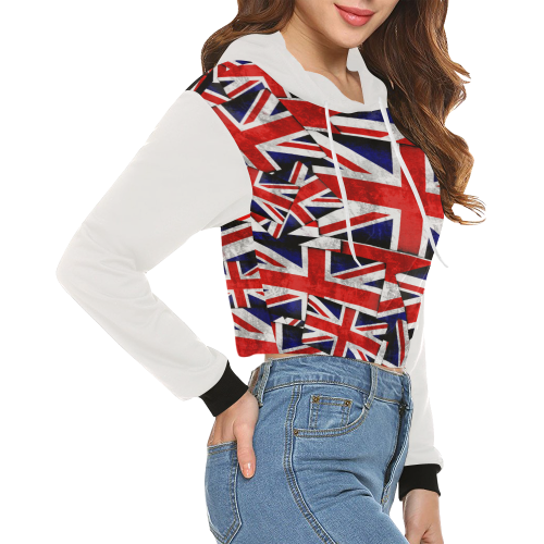 Union Jack British UK Flag (Vest Style) White All Over Print Crop Hoodie for Women (Model H22)