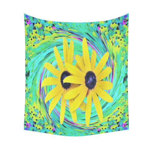 Yellow Flowers on a Turquoise Garden Swirl Cotton Linen Wall Tapestry 51"x 60"