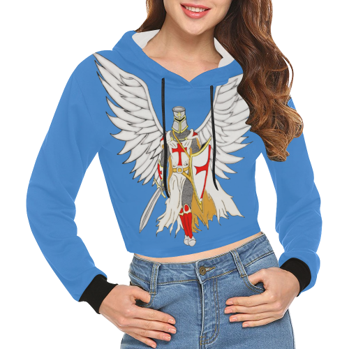 Knights Templar Angel Blue All Over Print Crop Hoodie for Women (Model H22)