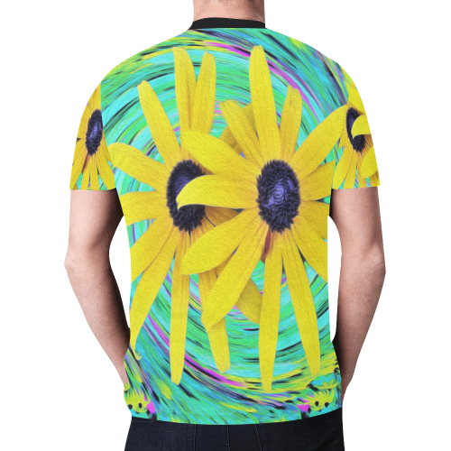 Yellow Flowers on a Turquoise Garden Swirl New All Over Print T-shirt for Men/Large Size (Model T45)