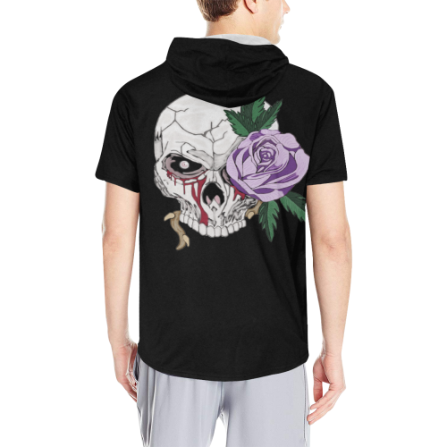 Skull Rose Lavender Black All Over Print Short Sleeve Hoodie for Men (Model H32)