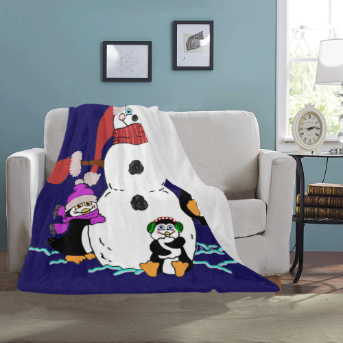 Christmas Snowman And Penguins Blue Ultra-Soft Micro Fleece Blanket 40"x50"
