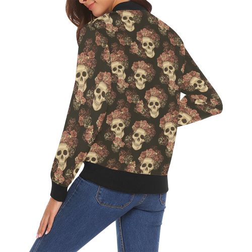Skull and Rose Pattern All Over Print Bomber Jacket for Women (Model H19)
