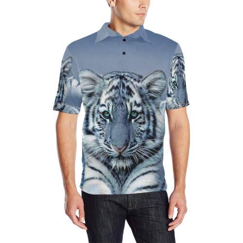 Blue White Tiger Men's All Over Print Polo Shirt (Model T55)