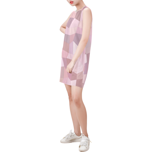 Pastel Pink Mosaic Sleeveless Round Neck Shift Dress (Model D51)