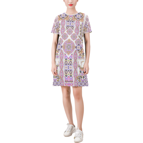 mandala spirit violet pastel Short-Sleeve Round Neck A-Line Dress (Model D47)