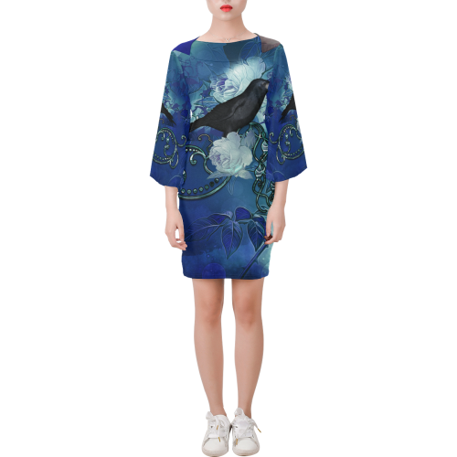 The crow with wonderful  flowers Bell Sleeve Dress (Model D52)