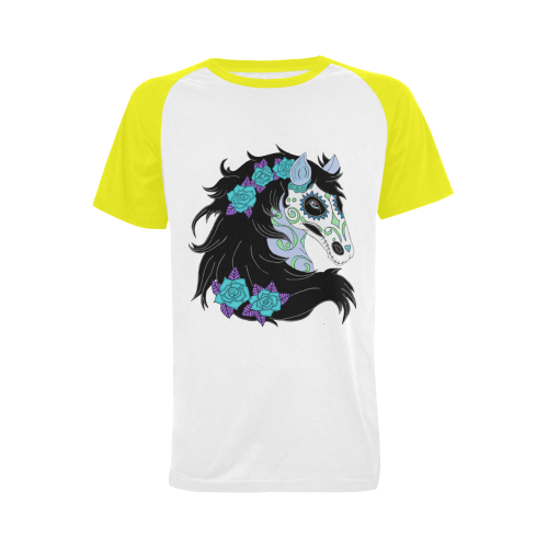 Sugar Skull Horse Turquoise Roses Yellow Men's Raglan T-shirt (USA Size) (Model T11)