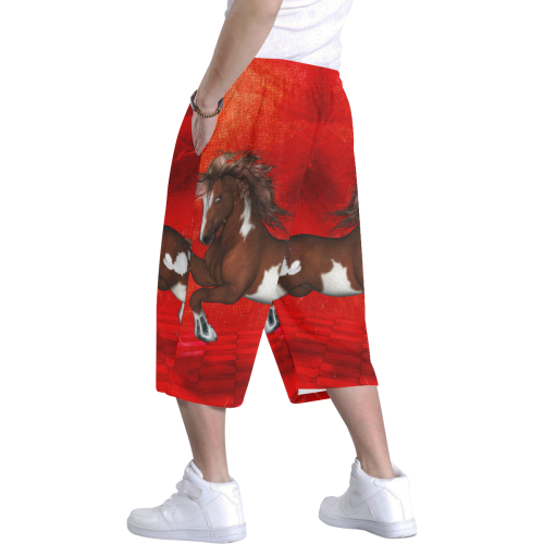 Wild horse on red background Men's All Over Print Baggy Shorts (Model L37)