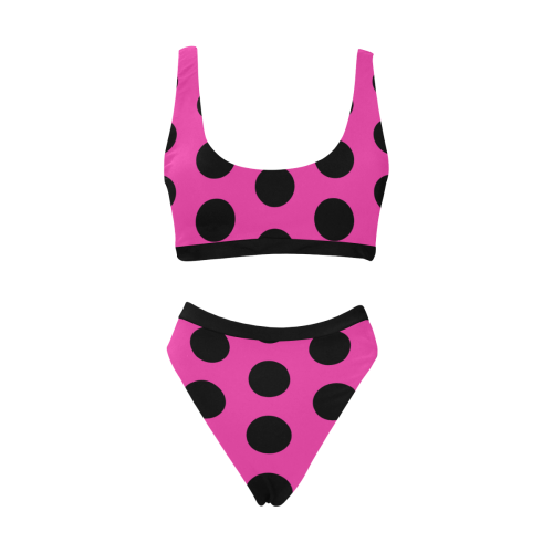 Black Polka Dots on Pink Sport Top & High-Waisted Bikini Swimsuit (Model S07)