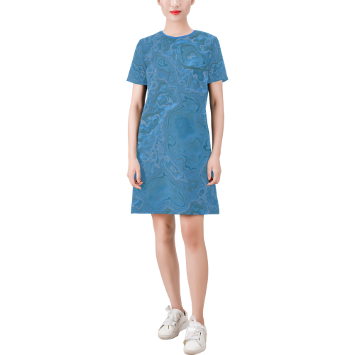 Blue Marble Short-Sleeve Round Neck A-Line Dress (Model D47)