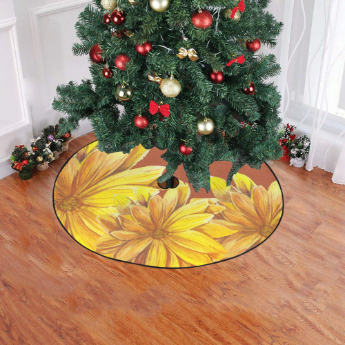 Watercolor Flowers Yellow Orange Brown Christmas Tree Skirt 47" x 47"