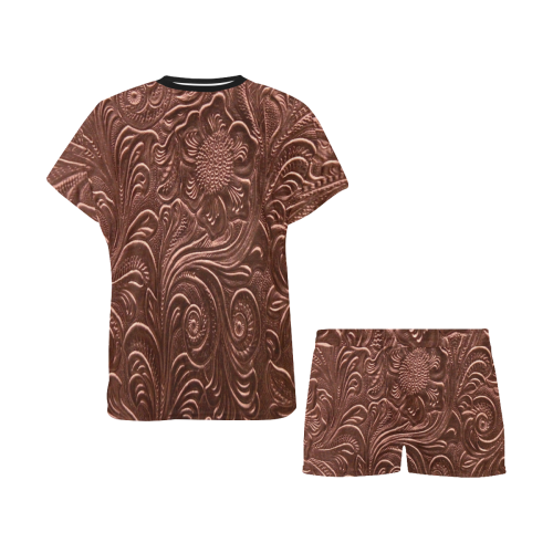 Embossed Bronze Flowers Women's Short Pajama Set
