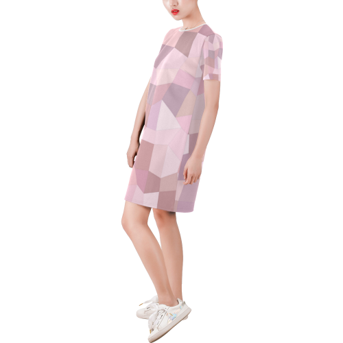 Pastel Pink Mosaic Short-Sleeve Round Neck A-Line Dress (Model D47)
