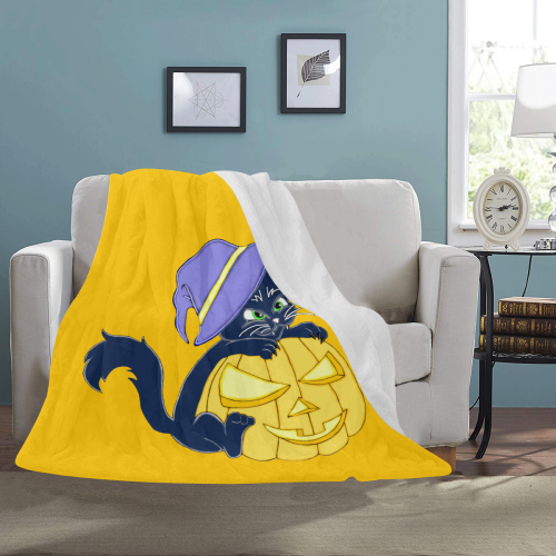 Cute Halloween Black Cat Witches Hat Yellow Ultra-Soft Micro Fleece Blanket 50"x60"