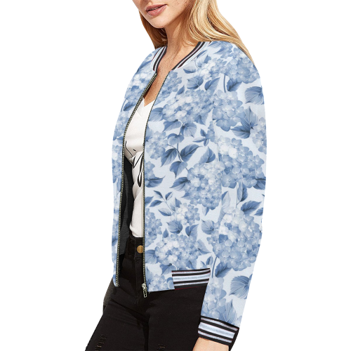 Blue and White Floral Pattern All Over Print Bomber Jacket for Women (Model H21)