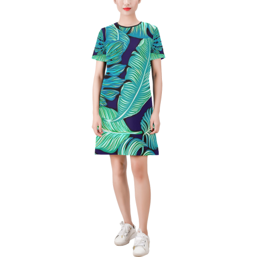 Pretty Leaves 2A by JamColors Short-Sleeve Round Neck A-Line Dress (Model D47)