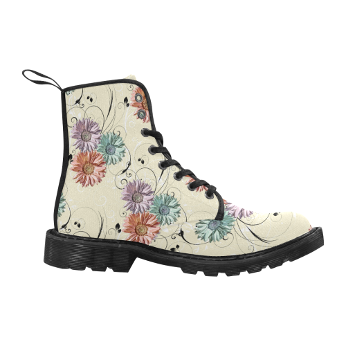 Flowers on Yellow Martin Boots for Women (Black) (Model 1203H)