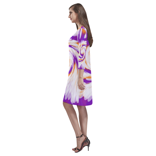 Purple Orange Tie Dye Swirl Abstract Rhea Loose Round Neck Dress(Model D22)