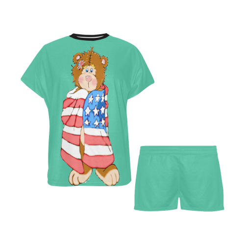 Patriotic Flag Bear Biscay Green Women's Short Pajama Set
