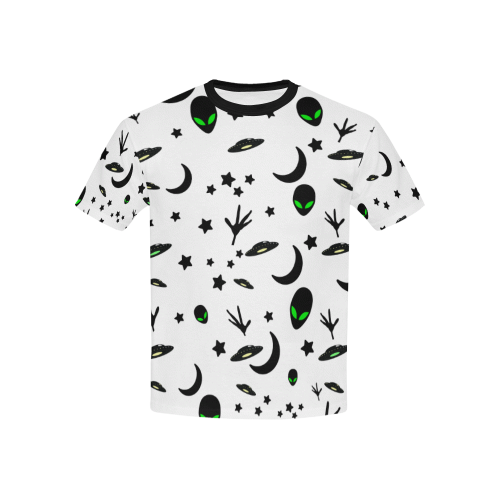 Alien Flying Saucers Stars Pattern on White Kids' All Over Print T-Shirt with Solid Color Neck (Model T40)