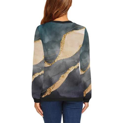 black and gold All Over Print Crewneck Sweatshirt for Women (Model H18)