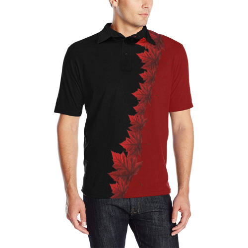 Canada Maple Leaf Polo Shirts Black Men's All Over Print Polo Shirt (Model T55)