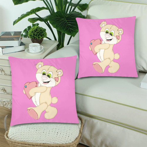 Patchwork Heart Teddy Pink Custom Zippered Pillow Cases 18"x 18" (Twin Sides) (Set of 2)