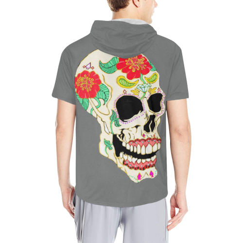 Flower Sugar Skull Grey All Over Print Short Sleeve Hoodie for Men (Model H32)