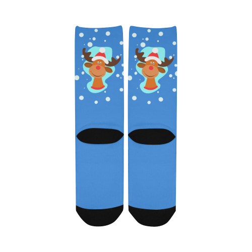 Funny Christmas Reindeer on Blue Custom Socks for Women