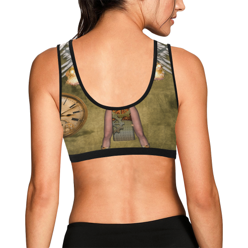 Steampunk lady with clocks and gears Women's All Over Print Sports Bra (Model T52)