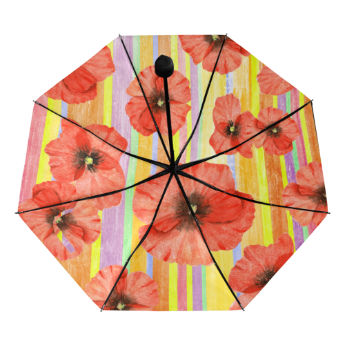 Watercolor STRIPES red POPPIES Blossoms Anti-UV Foldable Umbrella (Underside Printing) (U07)