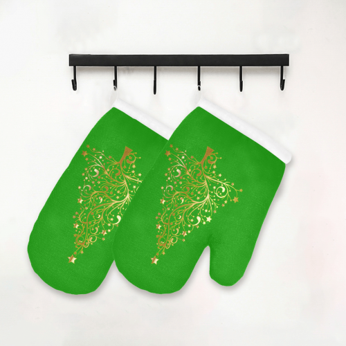 Golden Christmas Tree on Green Oven Mitt (Two Pieces)