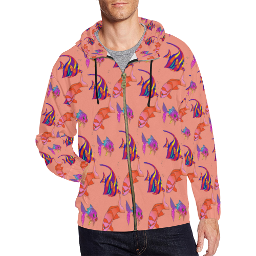 pink Fishes All Over Print Full Zip Hoodie for Men/Large Size (Model H14)