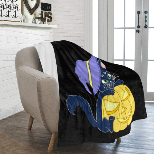 Cute Halloween Black Cat Witches Hat Black Ultra-Soft Micro Fleece Blanket 50"x60"