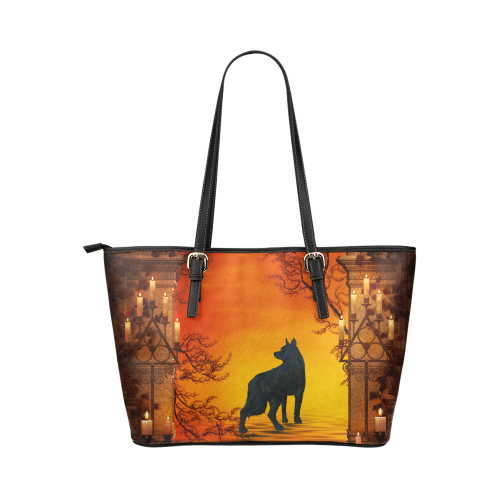 Wonderful black wolf in the night Leather Tote Bag/Small (Model 1651)