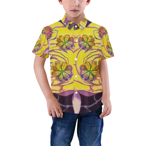 Watercolor Flowers Yellow Purple Green Boys' All Over Print Short Sleeve Shirt (Model T59)