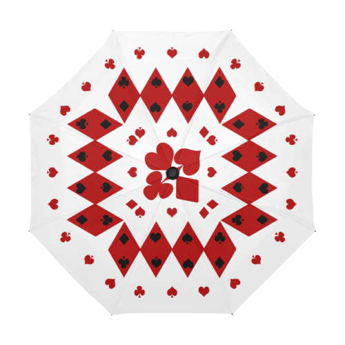Black and Red Playing Card Shapes Round on White Anti-UV Auto-Foldable Umbrella (U09)