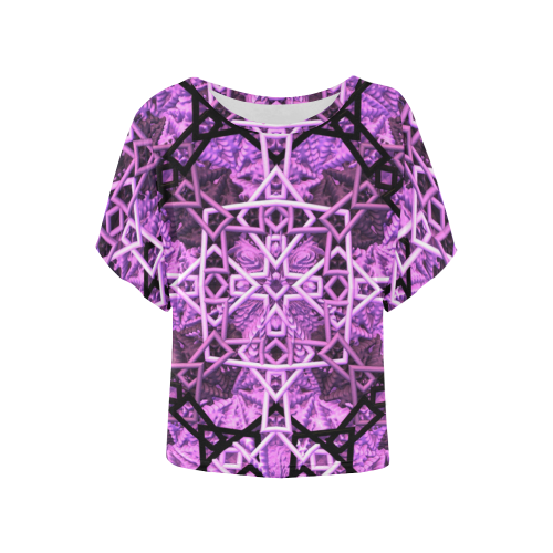 Pink/Black Fractal Pattern Women's Batwing-Sleeved Blouse T shirt (Model T44)