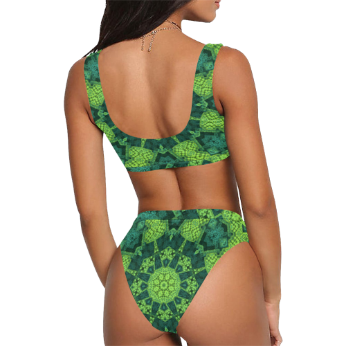 Green Theme Mandala Sport Top & High-Waisted Bikini Swimsuit (Model S07)