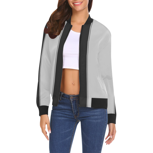 Silver and Black Racing Stripe Center All Over Print Bomber Jacket for Women (Model H19)