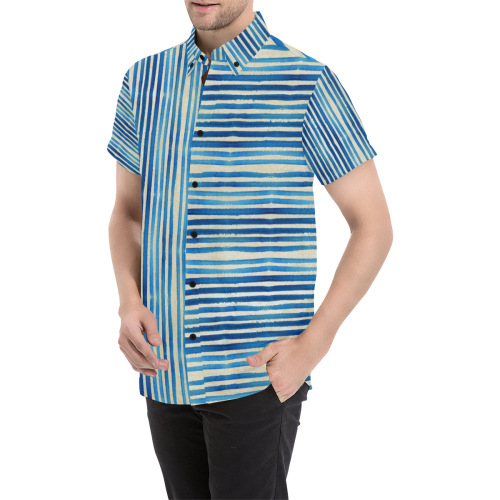 Watercolor STRIPES grunge pattern - blue Men's All Over Print Short Sleeve Shirt (Model T53)